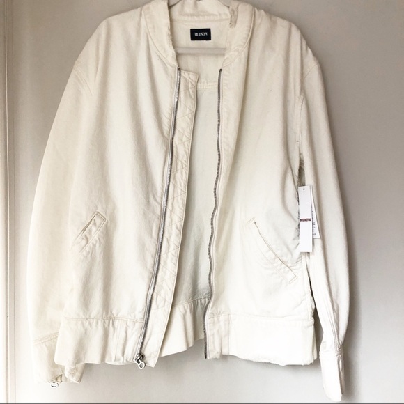 Hudson Cream Distressed Zip Up Bomber Denim Jacket Size XL - Picture 3 of 7